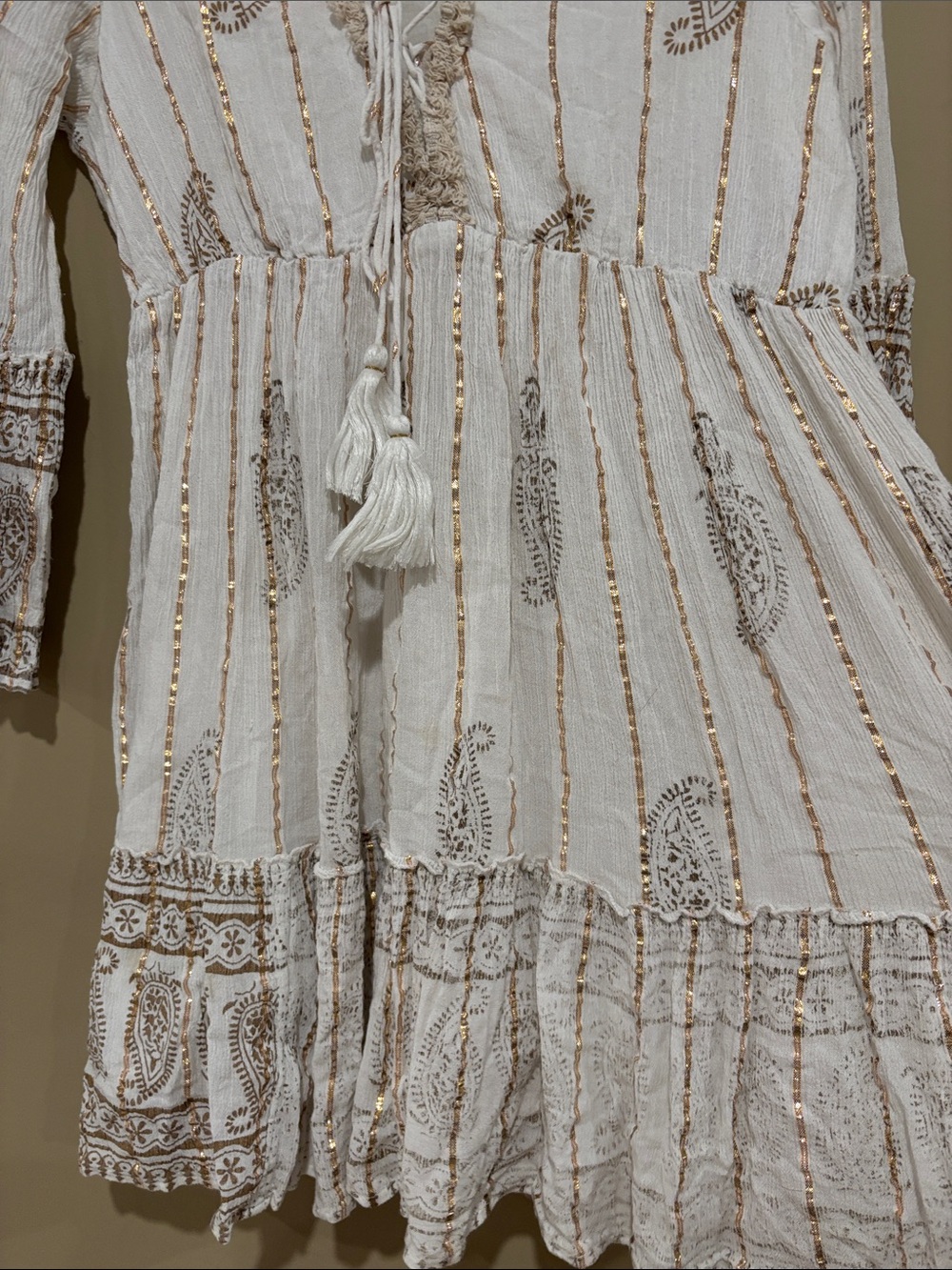 Boho Tassel Tie V-Neck Women’s Dress in Cream and Brown - Picture 4 of 6